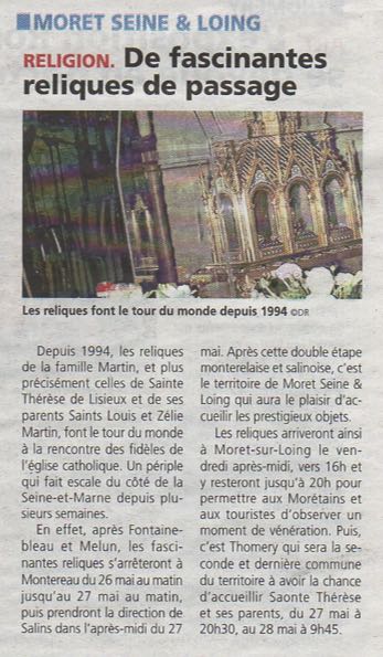 Le journal 'La République' daté du 23 mai 2022 au sujet des reliques à Moret et Thomery.